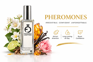 Fragrance Crafterspheromone product with floral and spice elements on a white background