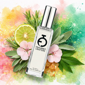 Fragrance Crafters eau de parfum bottle with floral and leaf elements on a colorful background