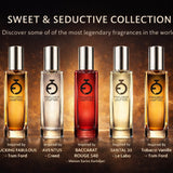 Five perfume bottles from the 'Sweet & Seductive Collection' with their names displayed below on a dark background.