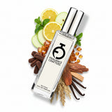 Perfume bottle with fruit and floral elements on a light background