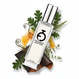 Perfume bottle with fruit and floral elements on a light background
