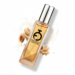 Perfume bottle with fruit and floral elements on a light background